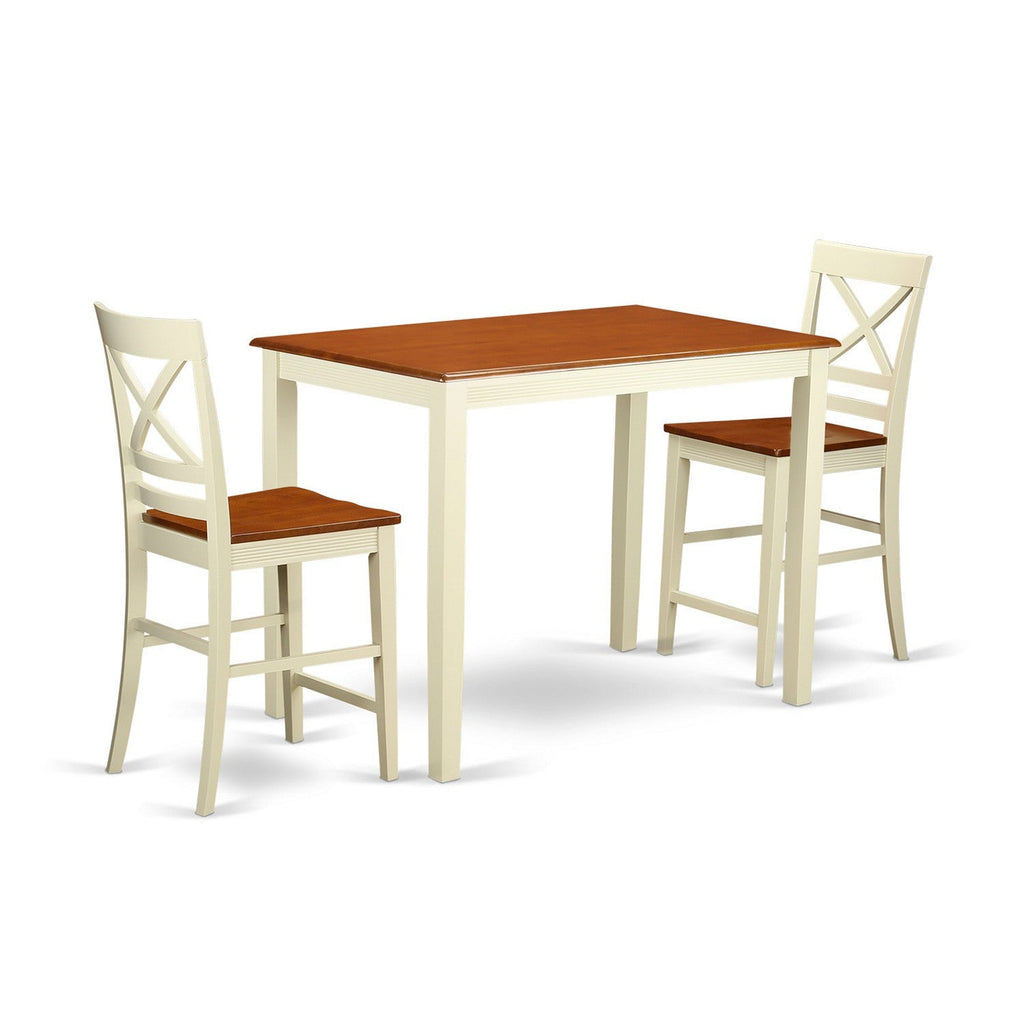 East West Furniture YAQU3-WHI-W 3 Piece Kitchen Counter Height Dining Table Set  Contains a Rectangle Pub Table and 2 Dining Room Chairs, 30x48 Inch, Buttermilk & Cherry