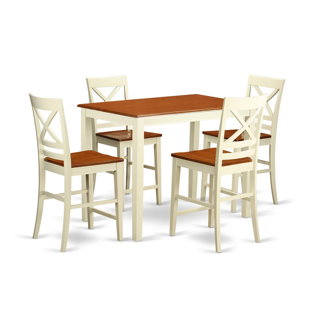 Juego de mesa de comedor de 5 piezas East West Furniture YAQU5-WHI-W con altura de mostrador para cocina. Incluye una mesa de comedor rectangular y 4 sillas con asiento de madera.