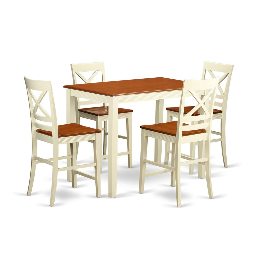 East West Furniture YAQU5-WHI-W 5 Piece Kitchen Counter Height Dining Table Set  Includes a Rectangle Dining Room Table and 4 Wooden Seat Chairs, 30x48 Inch, Buttermilk & Cherry