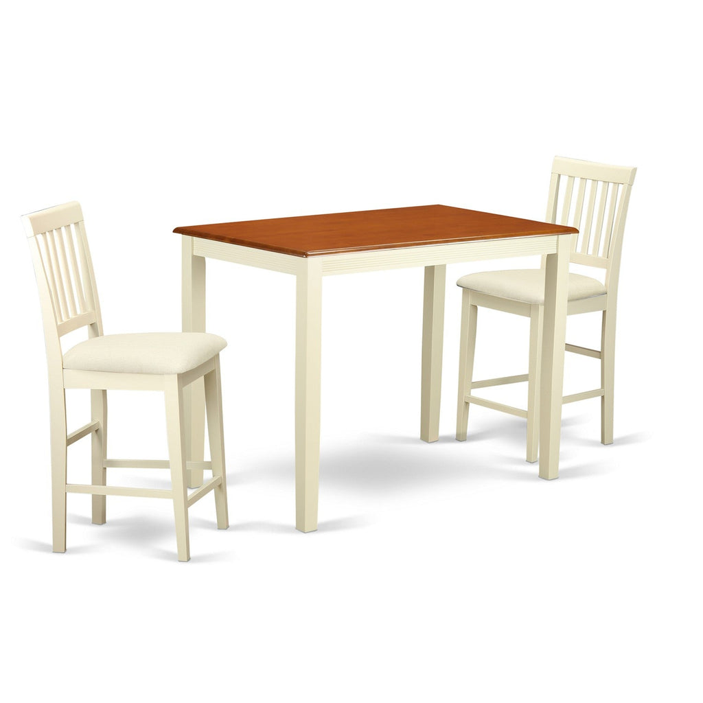 East West Furniture YAVN3-WHI-C 3 Piece Kitchen Counter Height Dining Table Set  Contains a Rectangle Pub Table and 2 Linen Fabric Upholstered Chairs, 30x48 Inch, Buttermilk & Cherry