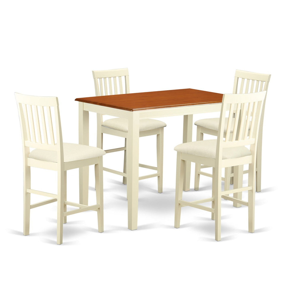 East West Furniture YAVN5-WHI-C 5 Piece Kitchen Counter Set Includes a Rectangle Dining Room Table and 4 Linen Fabric Upholstered Dining Chairs, 30x48 Inch, Buttermilk & Cherry