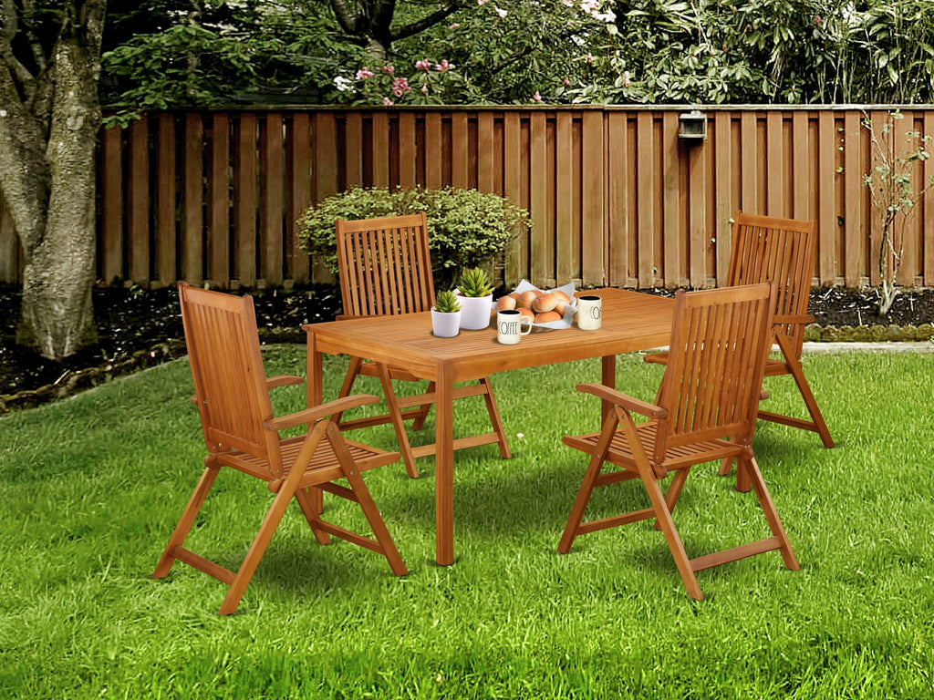 East West Furniture CMCN5NC5N 5 Piece Patio Garden Table Set Includes a Rectangle Outdoor Acacia Wood Dining Table and 4 Folding Adjustable Arm Chairs