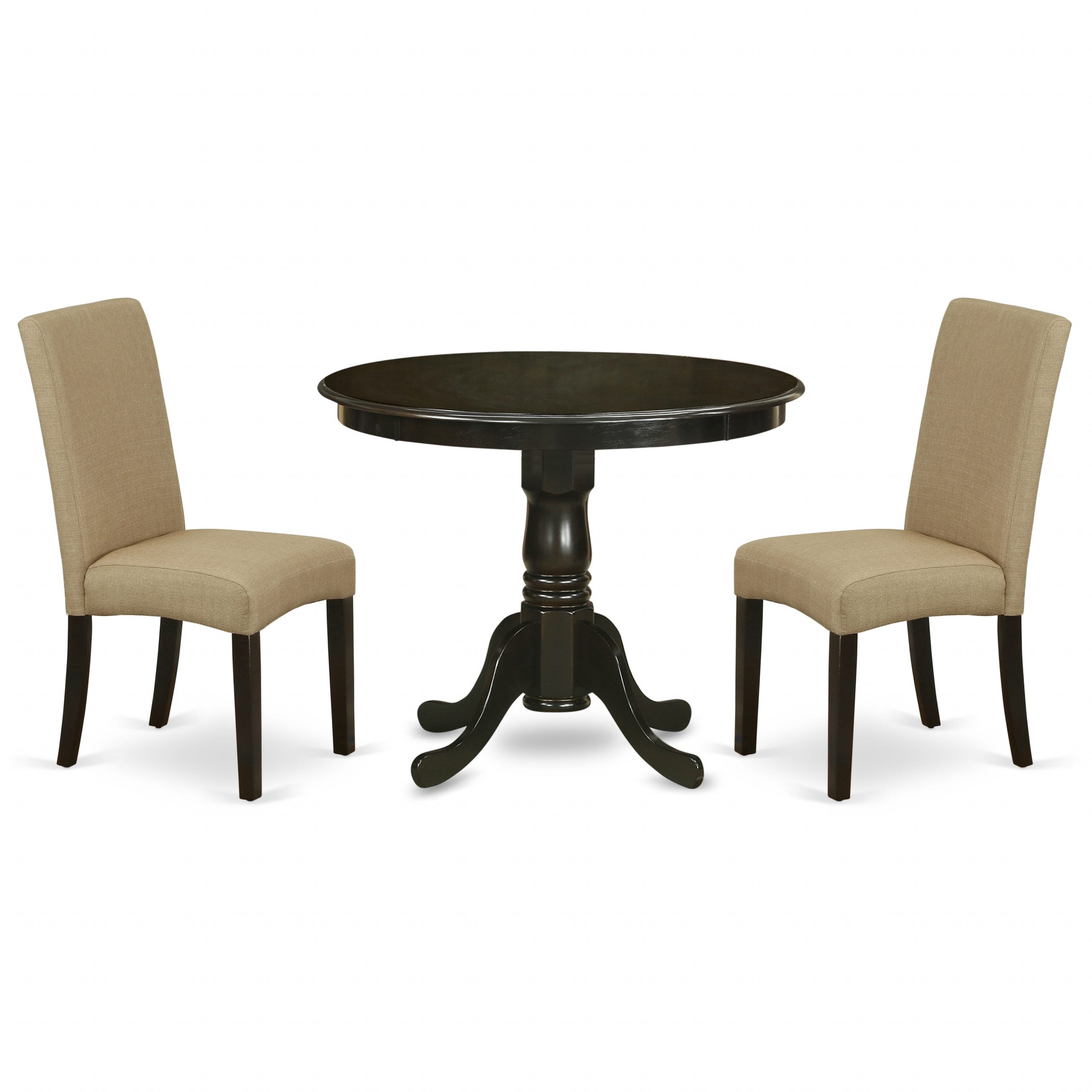 Juego de mesa de comedor de 3 piezas ANDR3-CAP-03 de East West Furniture. Incluye una mesa de cocina redonda con pedestal y dos sillas de comedor Parsons de tela de lino marrón.