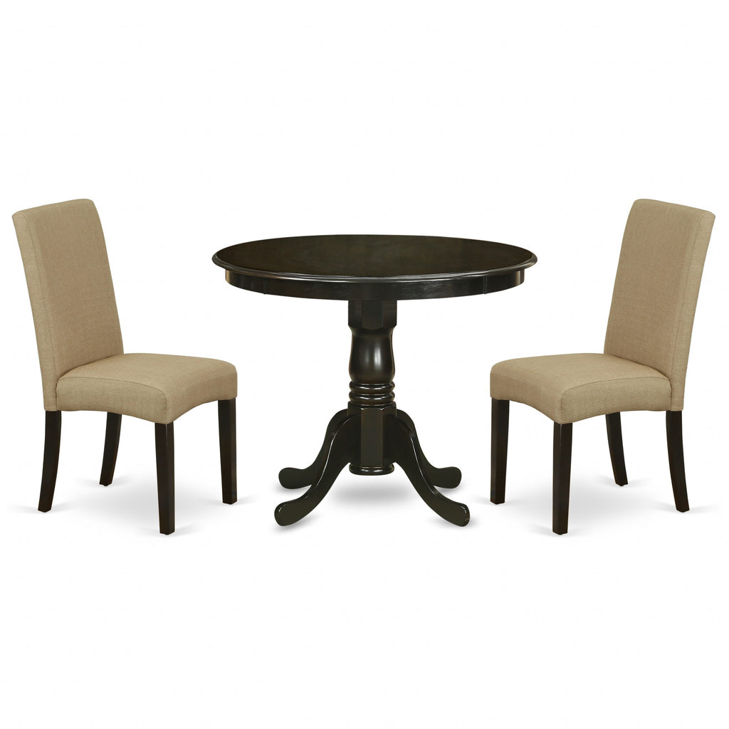 East West Furniture ANDR3-CAP-03 3 Piece Dining Room Table Set  Contains a Round Kitchen Table with Pedestal and 2 Brown Linen Fabric Parsons Dining Chairs, 36x36 Inch, Cappuccino