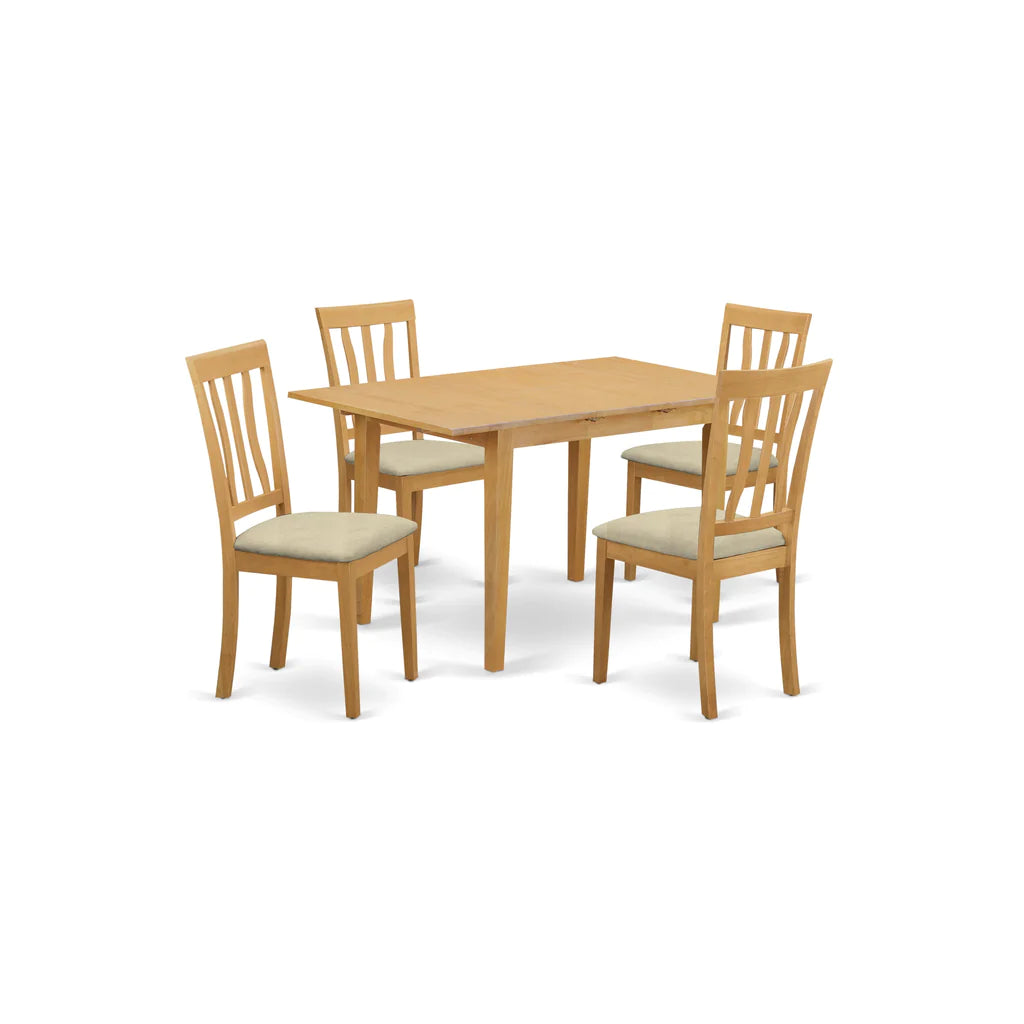 Juego de mesa de comedor moderna de 5 piezas East West Furniture NOAN5-OAK-C. Incluye una mesa rectangular de madera con diseño de hojas de mariposa y 4 sillas de comedor de tela de lino.