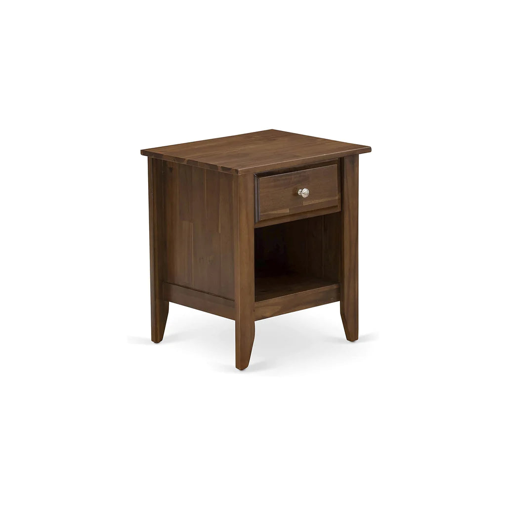 Juego de dormitorio de madera de 2 piezas East West Furniture KD18F-1GA08: 1 cama matrimonial, cabecero acolchado con botones y tela de lino marrón, 1 mesita de noche de mediados de siglo con cajón de madera y patas con acabado negro.